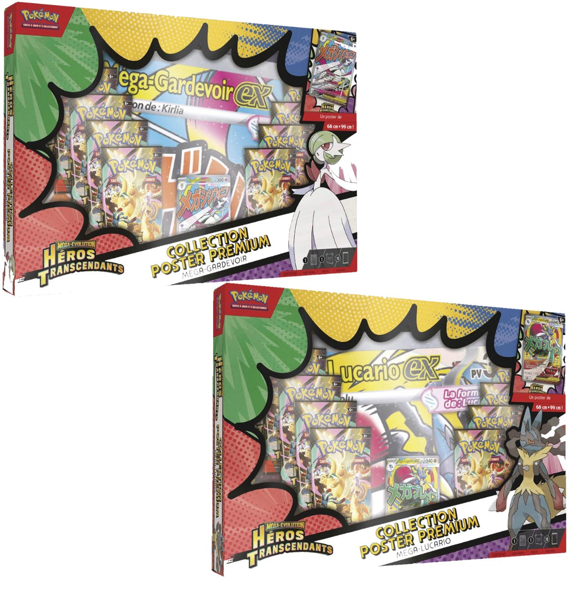Pokemon - Coffret - 10 Boosters - ME2.5 Méga-Évolution - Héros Transcendants - 2 Coffrets Collection Poster Premium Mega-Lucario/Mega-Gardevoir